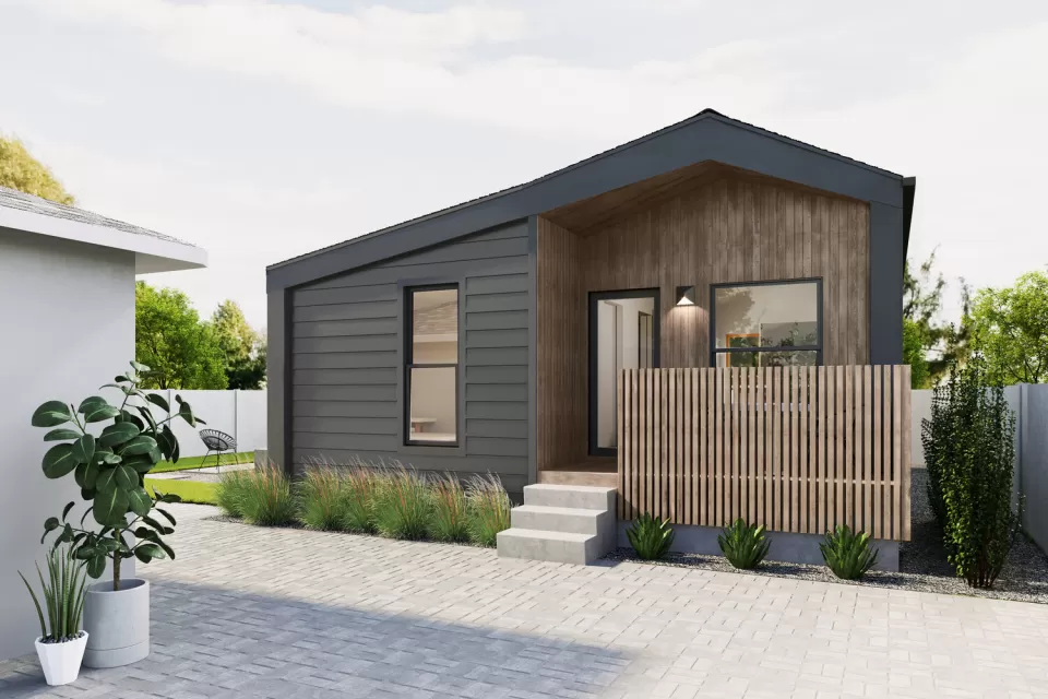 Rendering of modern black and brown one-story backyard home design